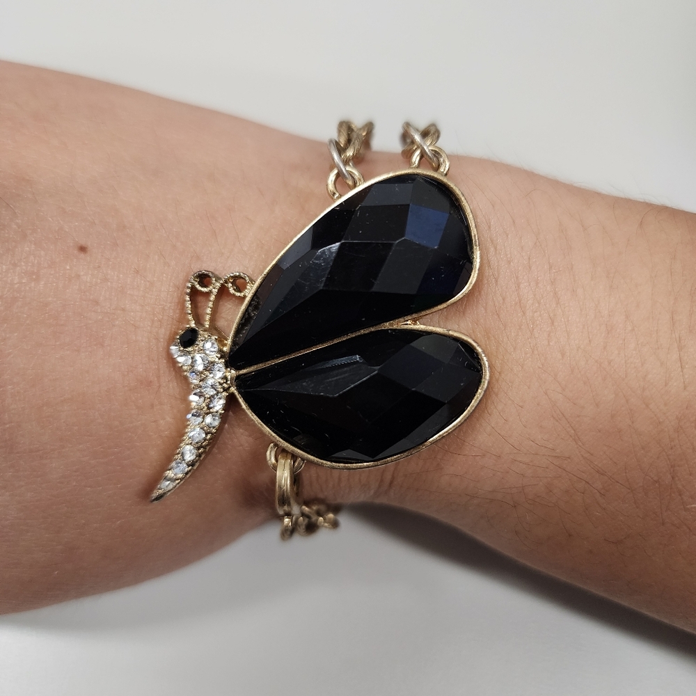 Gold-Tone Double Chain Bracelet Black Faceted Rhinestone Butterfly Boho Nature